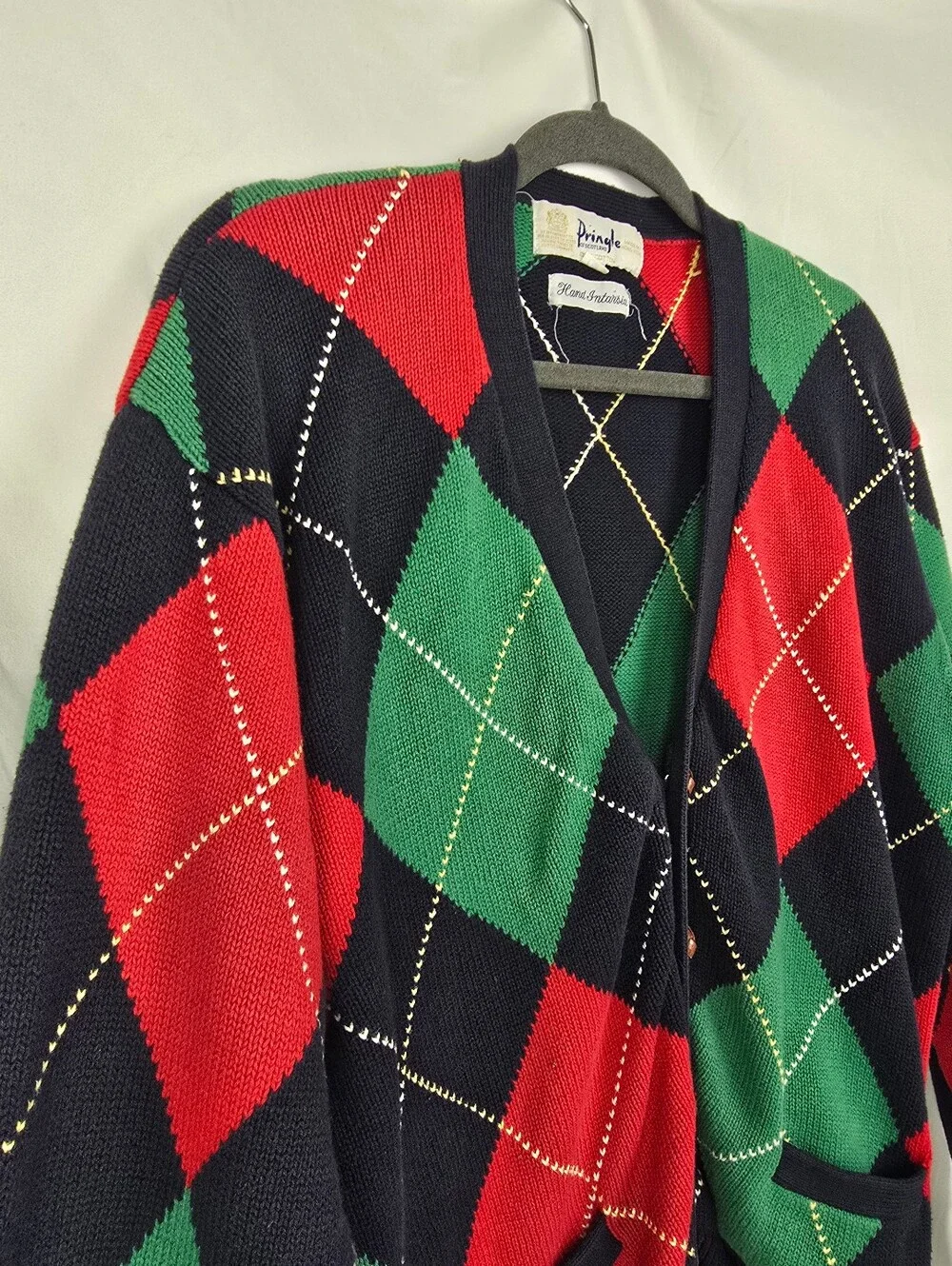 Pringle of Scotland Hand Intarsia VTG Argyle Golf Preppy Sweater Cardigan sz M